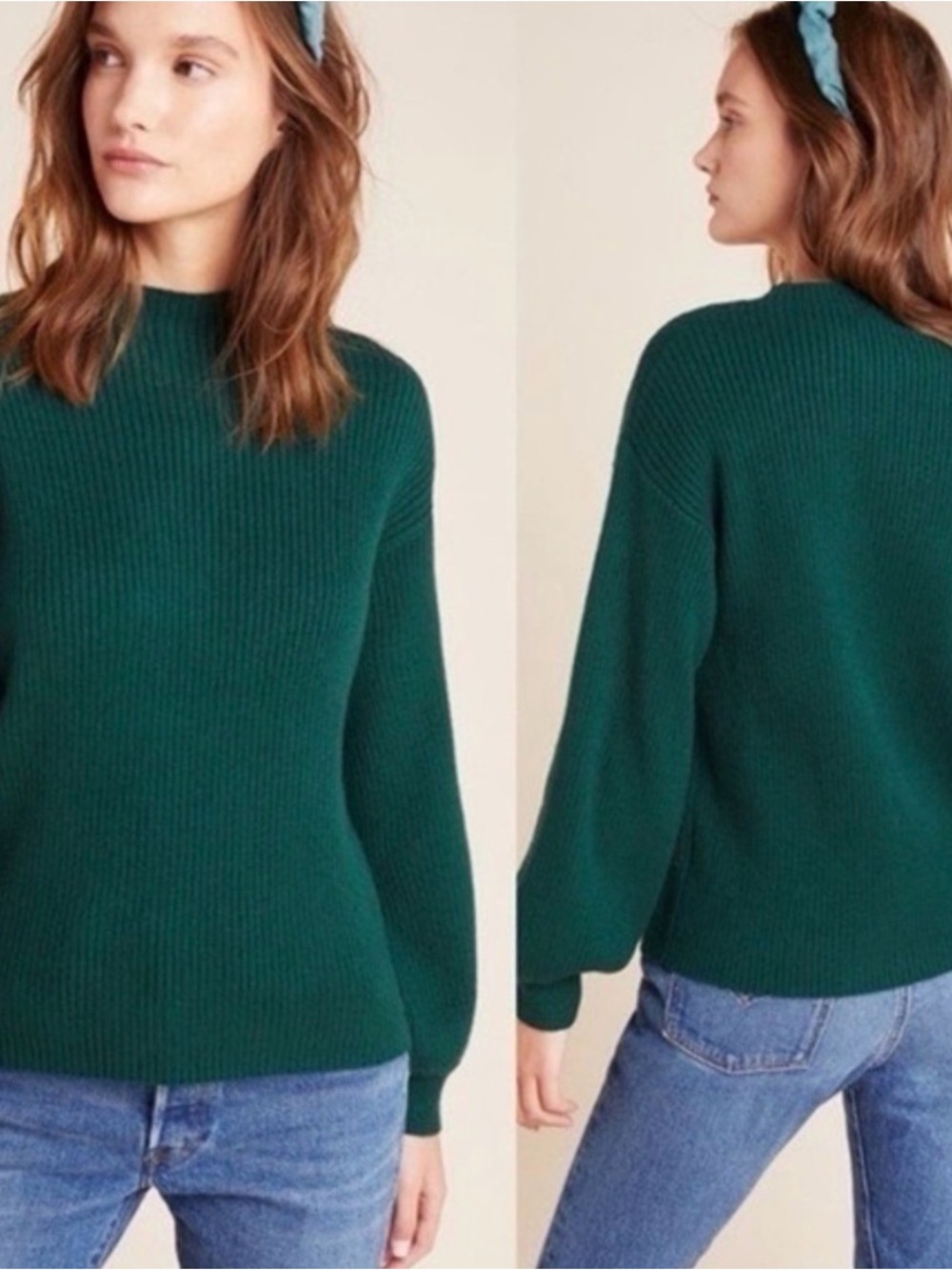 Anthropologie Line & Dot Sydney Balloon-Sleeve Ribbed Mock Neck Sweater-Women XL